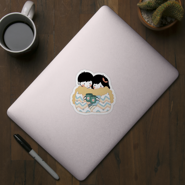 Cute “Cuddling Couple with Tea“ Design | Kawaii Handmade Illustration | By Atelier Serakara by Atelier Serakara